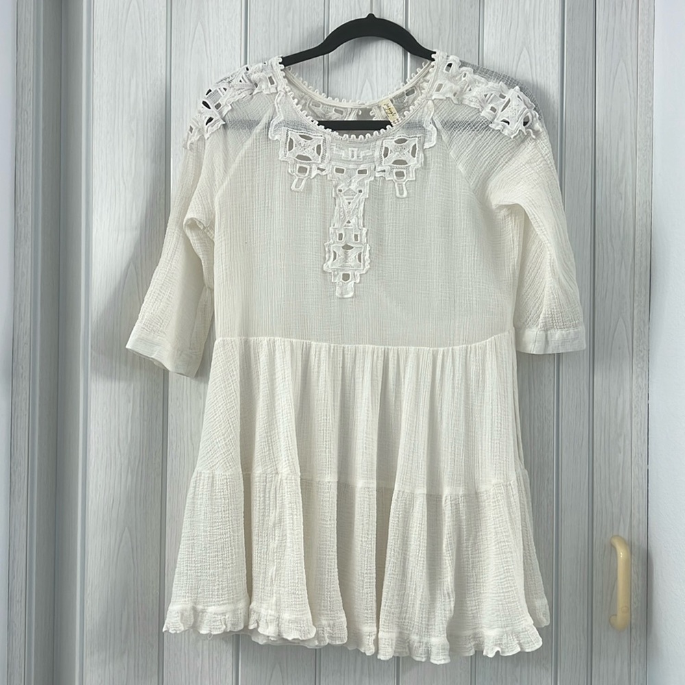 Free People Baby Doll Tunic Womens XS Off-White Sheer Gauze Lace Trim Boho